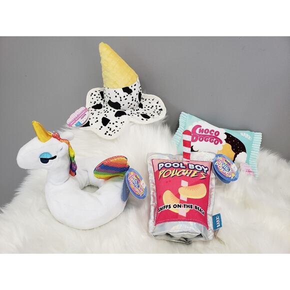 BARK BOX LOT 4 DOG TOY GIRL LARGE‎ ICE CREAM CONE UNICORN CHOCO CHOCOLICK BEACH - Picture 1 of 10
